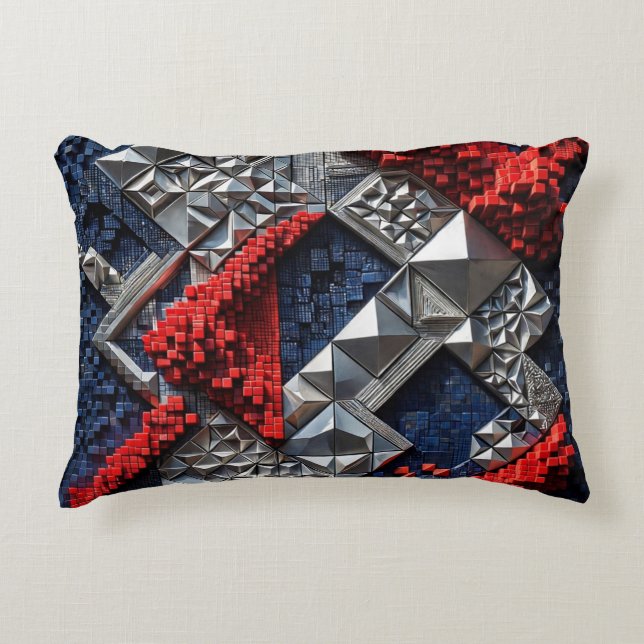 Dark Blue Vivid Red Silver Micro Mosaic 3D  Decorative Cushion (Front)