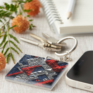 Dark Blue Vivid Red Silver Micro Mosaic 3D Key Ring
