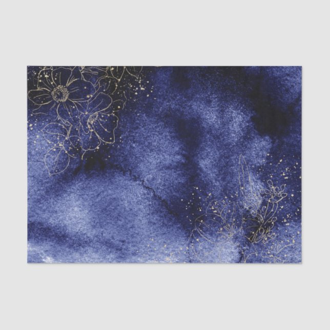 Dark  Blue Water colour with gold outlined flowers Tissue Paper (Front)