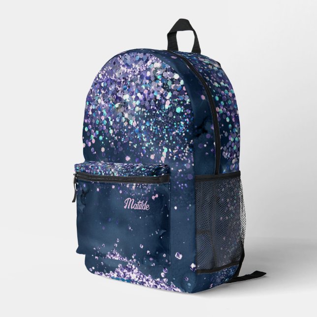 dark blue watercolor and faux chunky glitter printed backpack (Back Corner Right)