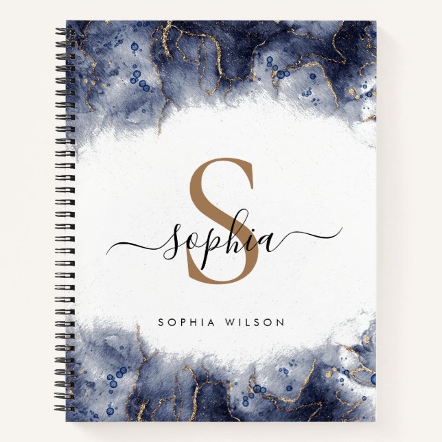Dark Blue Watercolor Gold Monogram Script Notebook (Front)