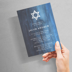 Dark Blue Watercolor Look Bar Mitzvah Invitation