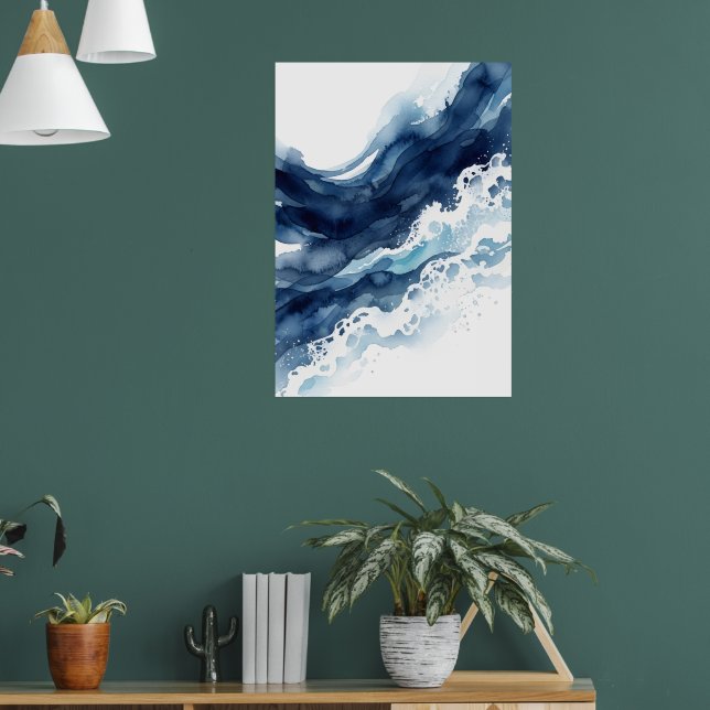 Dark Blue Watercolour Ocean Wave Abstract Art Poster (Living Room 1)