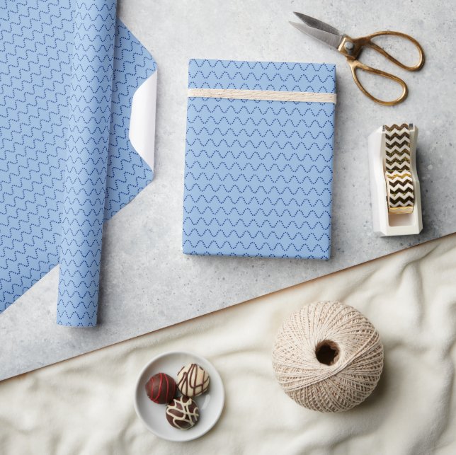 Dark Blue Wavy Dotted Lines on Pastel Blue Wrapping Paper (Crafts)