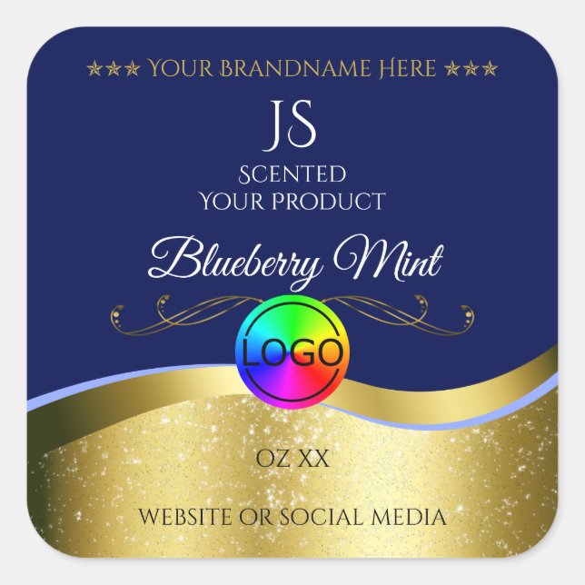 Dark Blue Wavy Gold Logo Monogram Product Label (Front)
