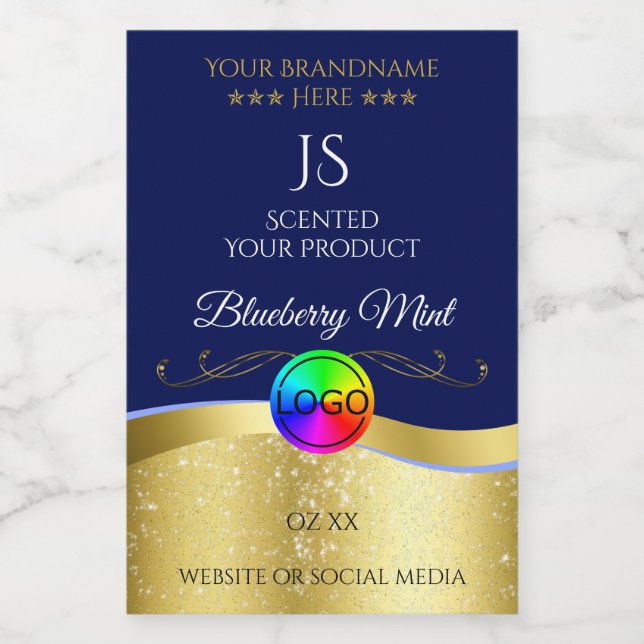Dark Blue Wavy Gold Logo Monogram Product Label (Single Label)