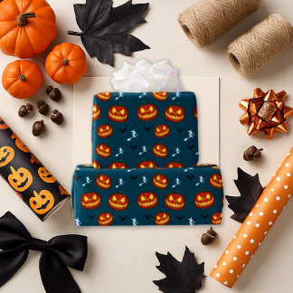 Dark Blue Whimsical Pumpkin Bat Halloween Wrapping Paper