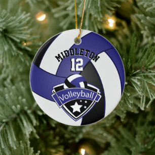 🏐 Dark Blue, White & Black Personalize Volleyball Ceramic Tree Decoration