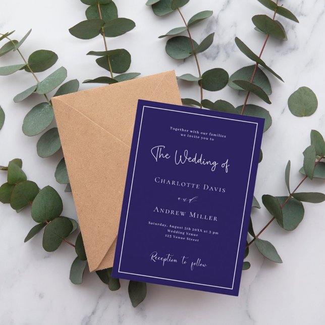 Dark blue white classic formal wedding invitation (Creator Uploaded)