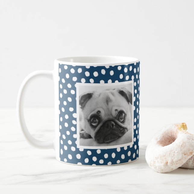 Dark Blue White Dot Pattern Custom Photo Mug (With Donut)