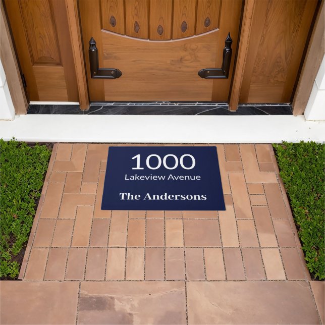 Dark Blue & White Family Name House Number Address Doormat (Outdoor)