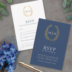 Dark blue white gold drawn leaf monogram wedding RSVP card