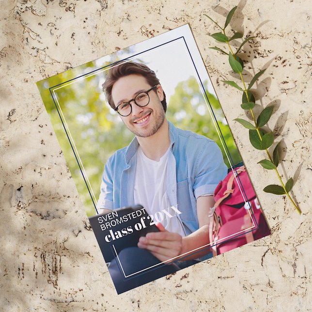 Dark Blue White Minimalist Graduation Announcement Postcard (Creator Uploaded)