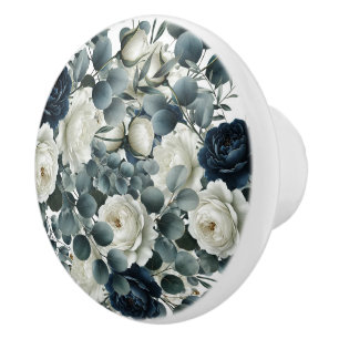 Dark Blue & White Modern Floral Greenery Ceramic Knob