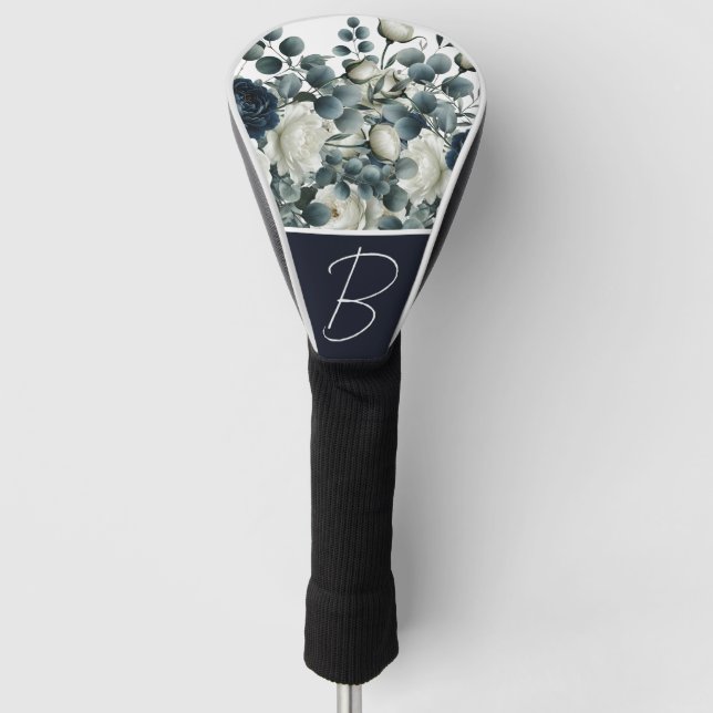Dark Blue & White Modern Floral Greenery  Golf Head Cover (Front)
