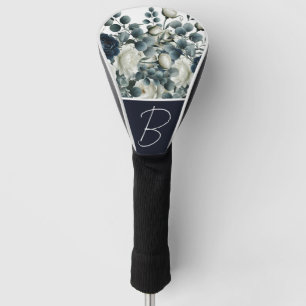 Dark Blue & White Modern Floral Greenery Golf Head Cover