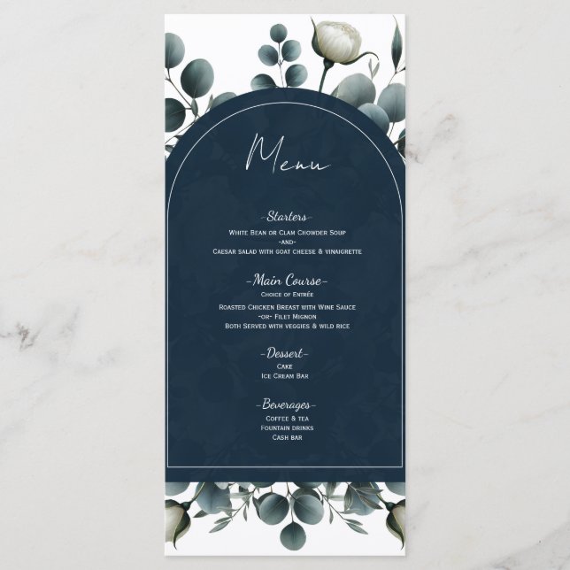 Dark Blue & White Modern Floral Greenery Menu (Front)