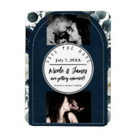 Dark Blue & White Modern Floral Greenery Save Date