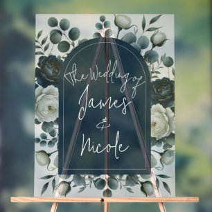 Dark Blue & White Modern Floral Greenery Wedding Acrylic Sign