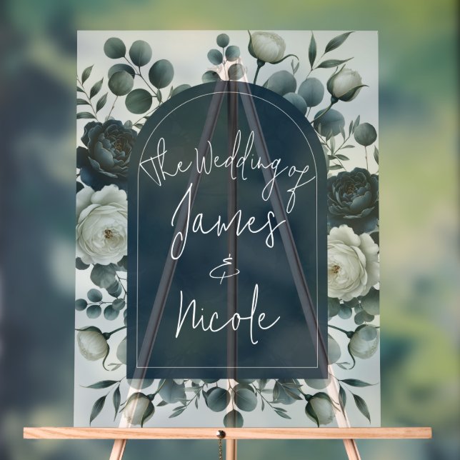 Dark Blue & White Modern Floral Greenery Wedding Acrylic Sign (Neutral)