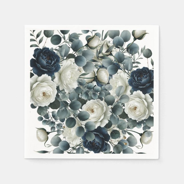 Dark Blue & White Modern Floral Greenery Wedding Napkin (Front)