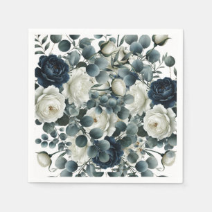 Dark Blue & White Modern Floral Greenery Wedding Napkin