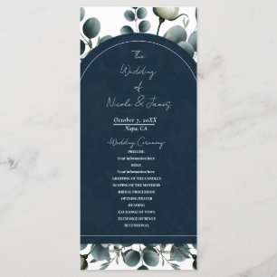 Dark Blue & White Modern Floral Greenery Wedding Programme