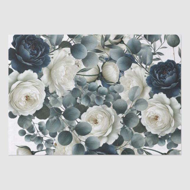 Dark Blue & White Modern Floral Greenery Wedding Tissue Paper (Front)
