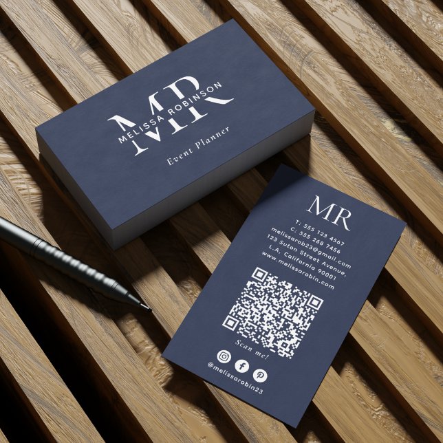 Dark Blue & White Monogram Social Media QR Code Business Card (Creator Uploaded)