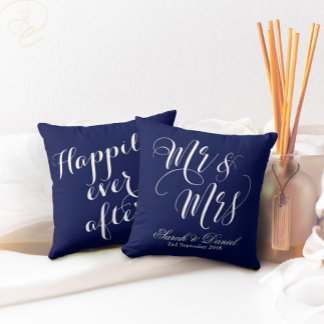 Dark Blue White Mr & Mrs Wedding Keepsake Pillow