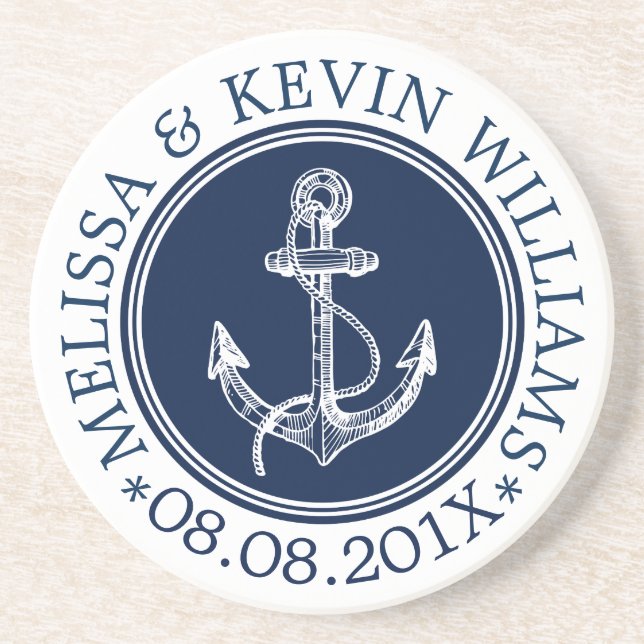 Dark Blue & White Nautical Boat Anchor Coaster (Front)