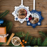 Dark Blue White Paw Prints Puppy's 1st Christmas Tree Decoration Card<br><div class="desc">Snowflake shaped photo ornament with a round photo of your puppy with curved text and cute paw prints in blue and white.</div>