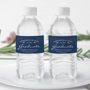Dark Blue White Script Gold Cap Graduation Water Bottle Label