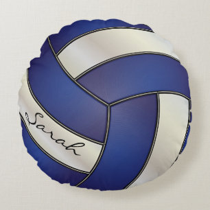Dark Blue & White Sport Volleyball DIY Name Round Cushion