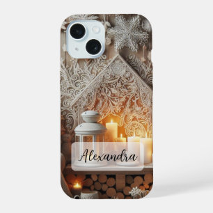 Dark Blue, White Winter Scene Palm Trees Snowflake iPhone 15 Case