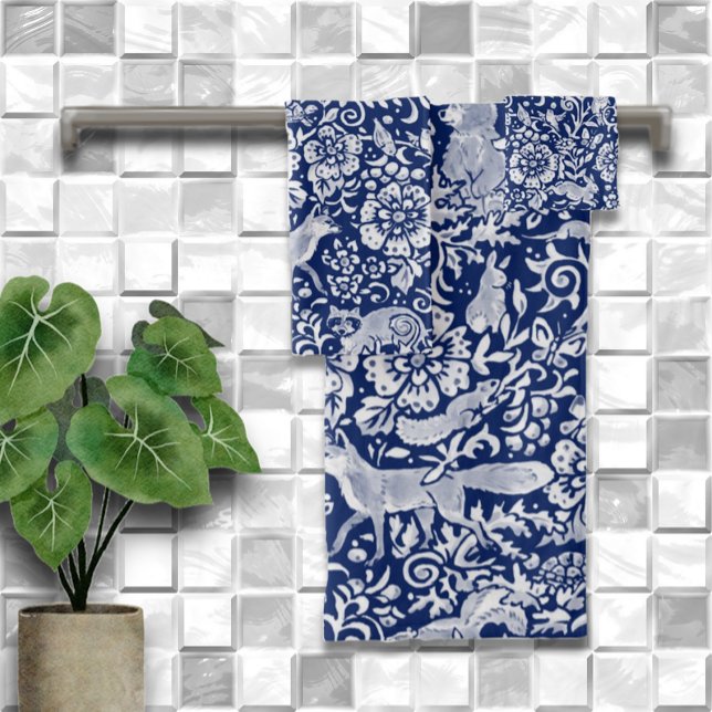 Dark Blue White Woodland Animal Nature Art Bath Towel Set (Creator Uploaded)