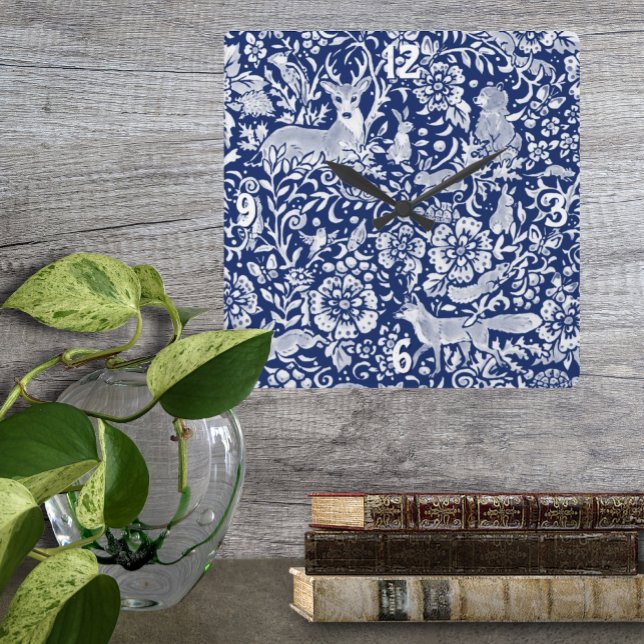 Dark Blue White Woodland Animal Nature Square Wall Clock (Creator Uploaded)