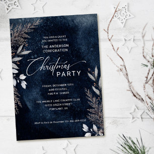 Dark Blue Winter Foliage Corporate Christmas Party Invitation