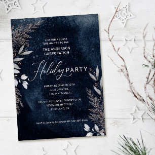 Dark Blue Winter Foliage Corporate Holiday Party Invitation