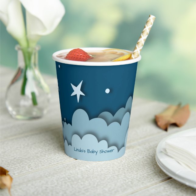 Dark Blue with Clouds and Stars Baby Shower  Paper Cups (Insitu)