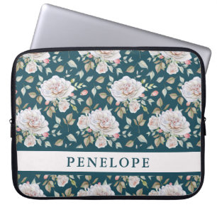 Dark Blue with Floral and Name Laptop Sleeve