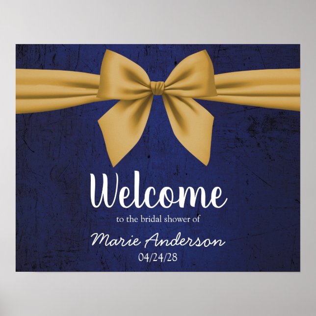 Dark Blue with Gold Bow Bridal Shower Poster (Front)