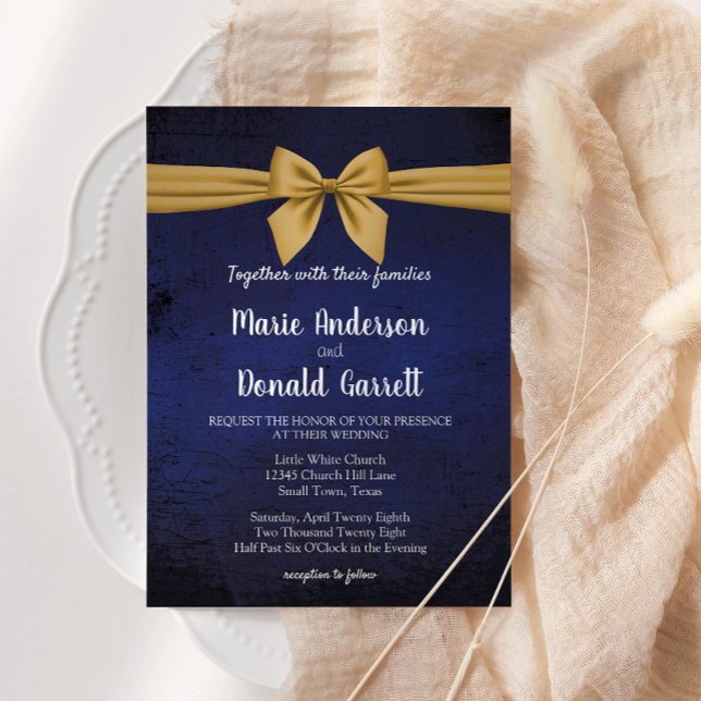Dark Blue with Gold Bow Program Wedding Invitation (Creator Uploaded)