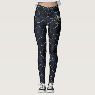 Dark Blue with Gold Scales Monogram Mermaid Leggings