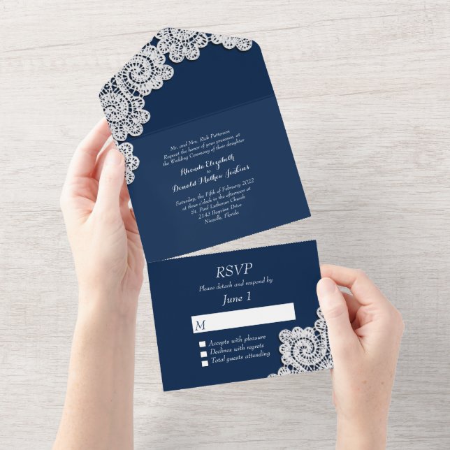 Dark Blue with White Lace All In One Invitation (Tearaway)