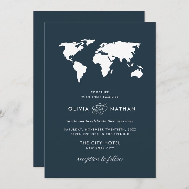 Dark Blue World Map | Elegant Travel Theme Wedding Invitation (Front/Back)