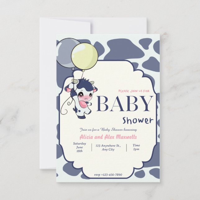 Dark Blue Yellow Cow with Balloon baby shower Invitation (Front)