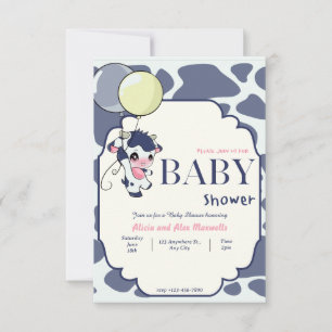 Dark Blue Yellow Cow with Balloon baby shower Invitation