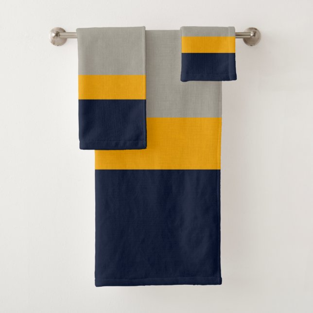 Dark Blue, Yellow, Grey striped Textured Bath Towel Set (Insitu)