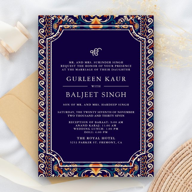 Dark Blue Yellow Ikat Anand Karaj Sikh Wedding Invitation (Creator Uploaded)